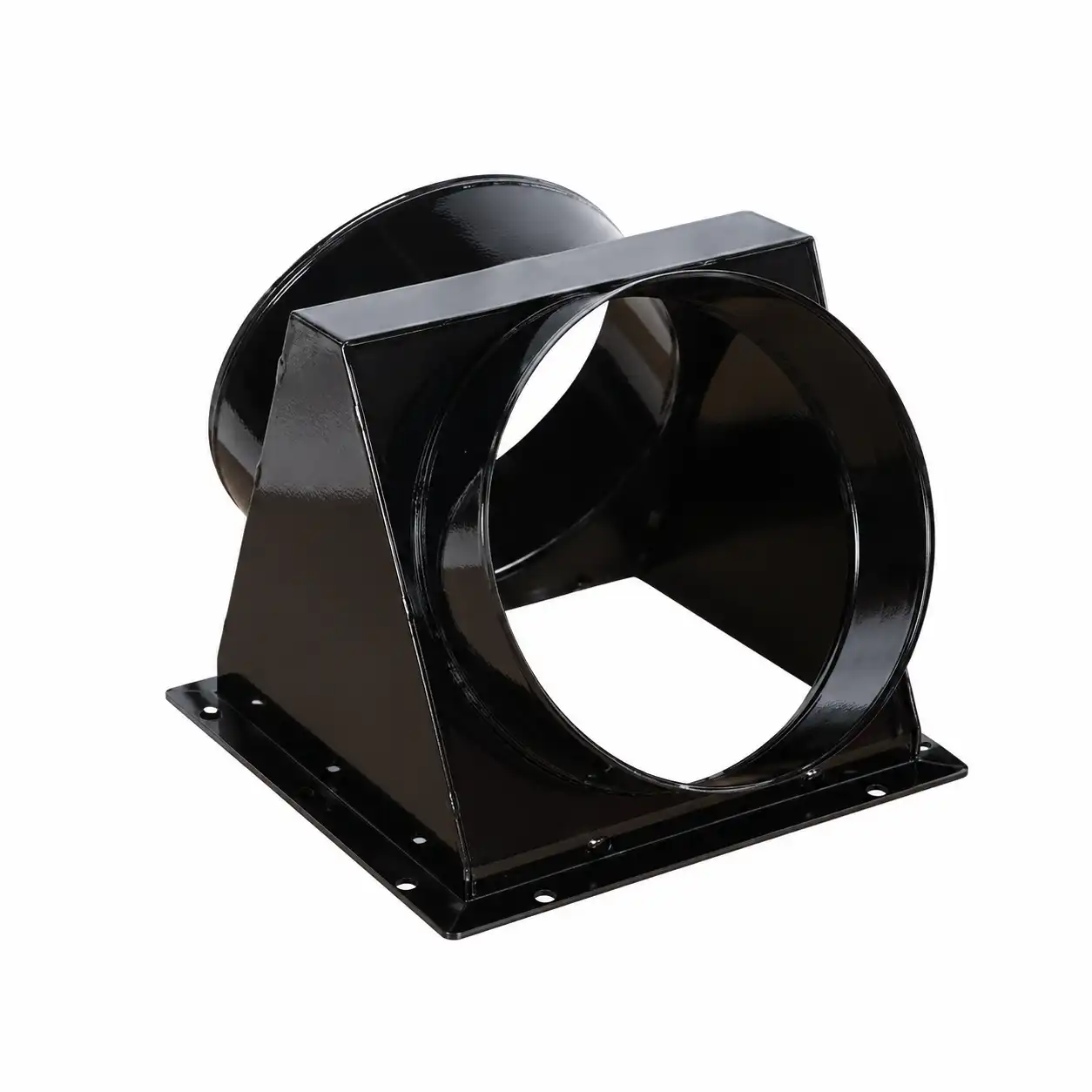 adapter-za-topli-vazduh-sa-2-izlaza-jumbo-110-400mm-02ac832 Industrijski crni metalni spoj za cevi sa kružnim otvorom i ravnom bazom, služi za montažu i povezivanje ventilacionih cevi.