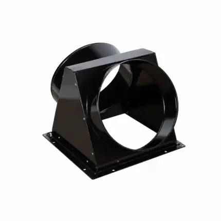 Crni metalni spojni element za ventilaciju sa pravougaonom bazom i dva okrugla otvora, prikazan na beloj pozadini.