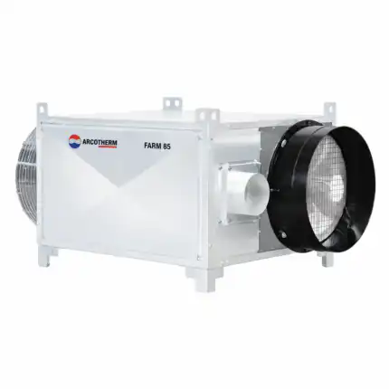 Industrijski grejač pravougaonog oblika sa oznakom Arcotherm Farm 85 ima otvore za vazduh, kružni ventilator i zaštitne metalne rešetke na oba kraja, postavljen je na beloj pozadini.