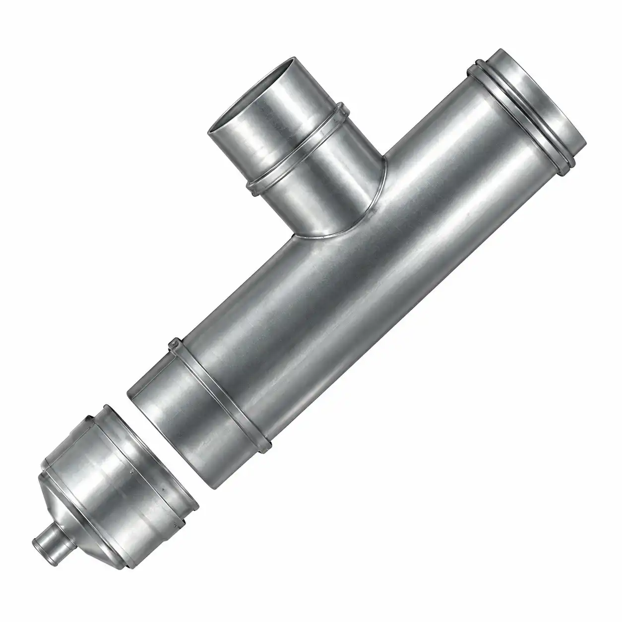 antikondenzacioni-t-komad-150mm-02ac459-1.png Na beloj pozadini prikazan je metalni T-spoj sa cilindričnim nastavcima, od kojih je jedan zatvoren poklopcem na kraju.