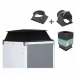 Metalna kutija s elegantnim crnim vrhom, dva zaobljena crna plastična adaptera za kanale postavljena iznad njega i pravokutnim dijelom prikazanim s desne strane.