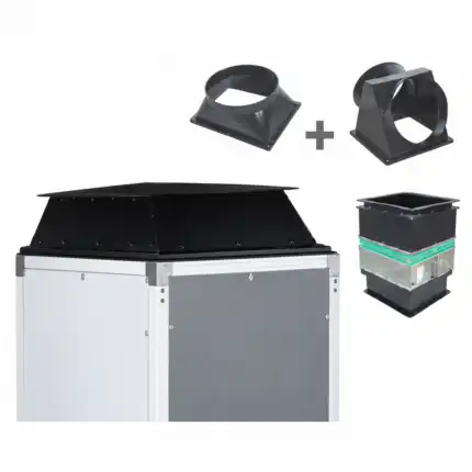 Metalna kutija s elegantnim crnim vrhom, dva zaobljena crna plastična adaptera za kanale postavljena iznad njega i pravokutnim dijelom prikazanim s desne strane.