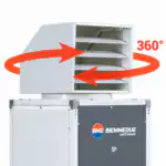 Veliki industrijski grejač sa oznakom BM2 BIEMMEDUE, podesivim ventilima i crvenim strelicama koje kruže oko njega i prikazuju protok vazduha u 360 stepeni.