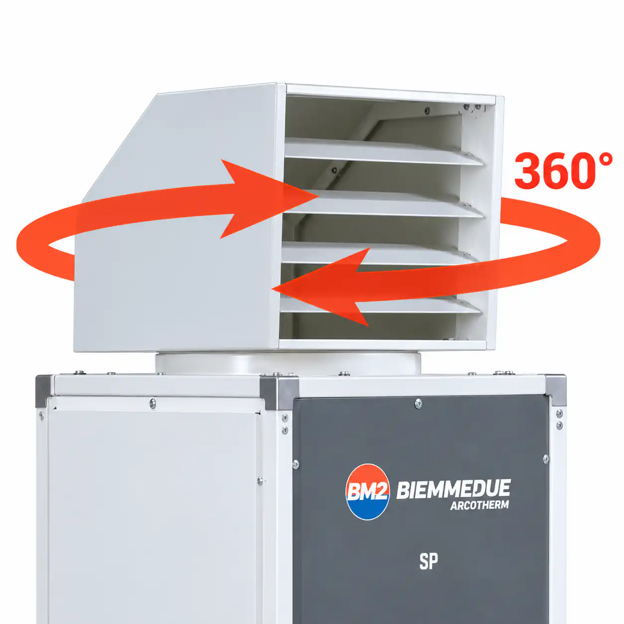 arcotherm-rotirajuca-glava-za-distribuciju-vazduha-360-sa-podesivim-lamelama-sp-70-04ac119 Veliki industrijski grejač sa oznakom BM2 BIEMMEDUE, podesivim ventilima i crvenim strelicama koje kruže oko njega i prikazuju protok vazduha u 360 stepeni.