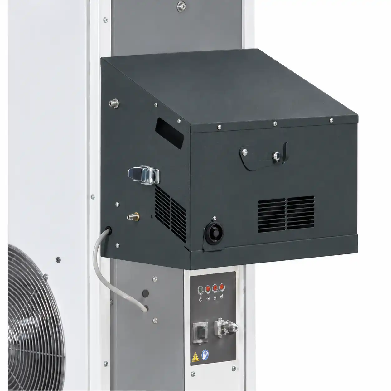 arcotherm-zastitni-komplet-gorionika-za-sp-110-04ac128 Detaljan prikaz industrijske mašine sa crnom metalnom kutijom, ventilima, bravom, tasterima i signalnim lampama; kablovi su priključeni.