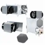 Tri industrijska ventilacioni uređaji sa cevima, vidljivim ventilatorom, komandnom kutijom i uklonjivim filtrom na beloj pozadini.