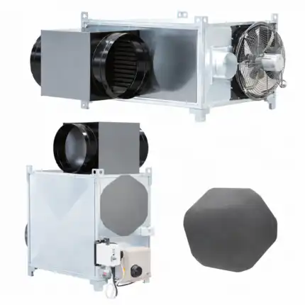 Metalne ventilacione jedinice sa okruglim crnim cevima i ventilatorima iz više uglova, desno je crni filter ili poklopac.