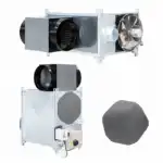 Industrijske HVAC jedinice s cilindričnim kanalima, kvadratnim metalnim kućištima, vidljivim ventilatorom i upravljačkom kutijom, plus crnom osmougaonom pločom; sve prikazano iz različitih uglova na bijeloj pozadini.
