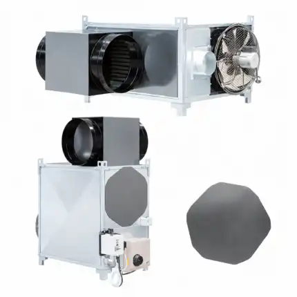 Industrijske HVAC jedinice s cilindričnim kanalima, kvadratnim metalnim kućištima, vidljivim ventilatorom i upravljačkom kutijom, plus crnom osmougaonom pločom; sve prikazano iz različitih uglova na bijeloj pozadini.