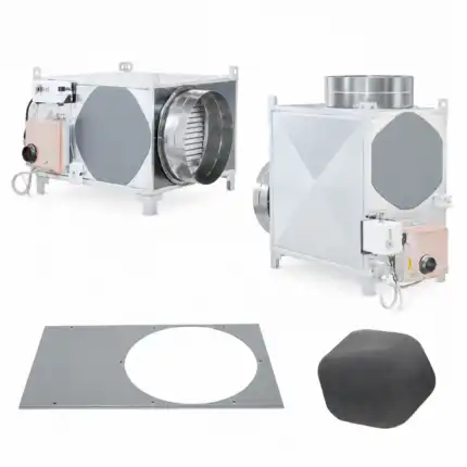 Na beloj podlozi su dva metalna ventilaciona uređaja sa okruglim otvorima, pravougaona metalna ploča sa kružnim izrezom i savitljiva crna filter podloga, svi su prikazani pojedinačno.