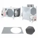 Na beloj pozadini nalaze se dva industrijska ventilaciona uređaja sa kontrolnim kutijama, metalna ploča sa kružnim otvorom i crni kružni filter.