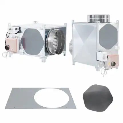Na beloj pozadini nalaze se dva industrijska ventilaciona uređaja sa kontrolnim kutijama, metalna ploča sa kružnim otvorom i crni kružni filter.