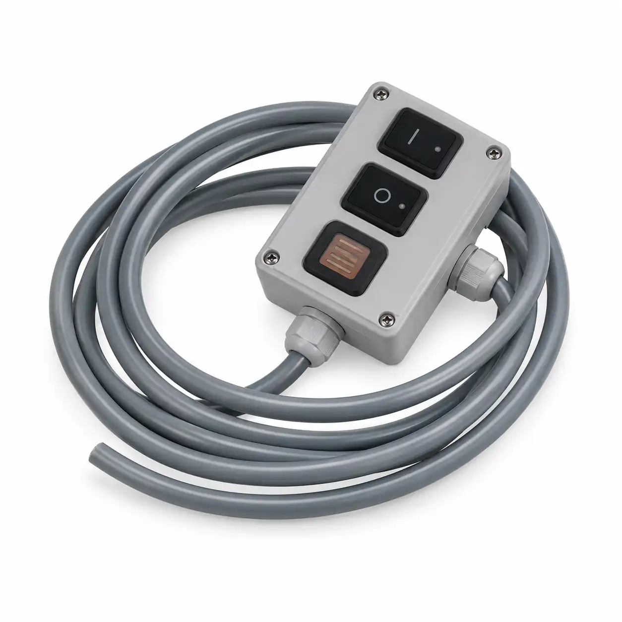 daljinski-upravljac-za-pojedinacni-uredjaj-3m-02ac621 Siva električna kontrolna kutija sa tri degustatora i dugim sivim kablom, uredno namotanim, degustatori se nalaze na gornjoj strani.