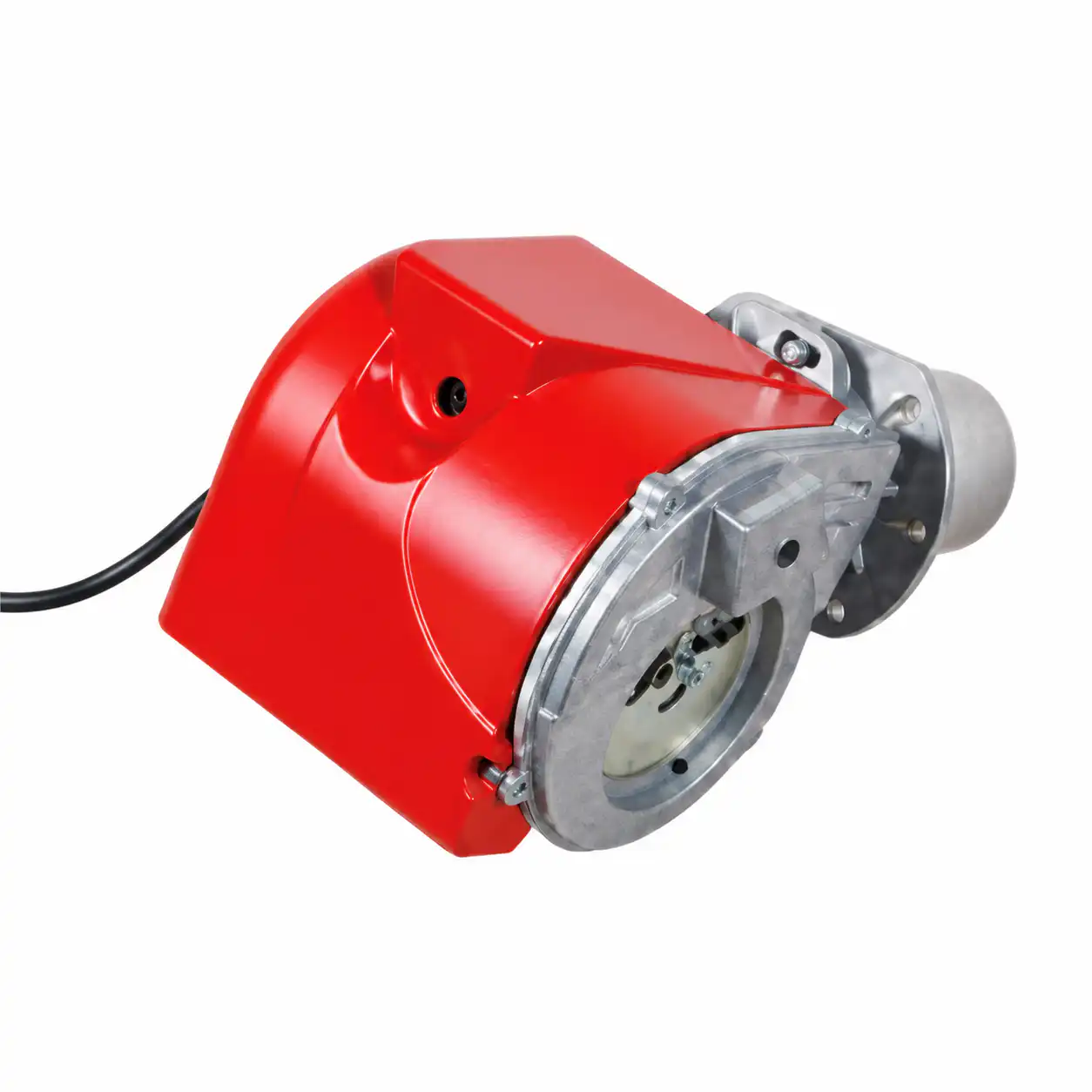 ecoflam-dizel-gorionik-arcotherm-farm-185-jumbo-185-titan-185-072b134 Elektromotor u crvenoj i srebrnoj boji sa zaštitnim kućištem prikazan pod uglom na beloj podlozi, crni kabl izlazi ulevo.