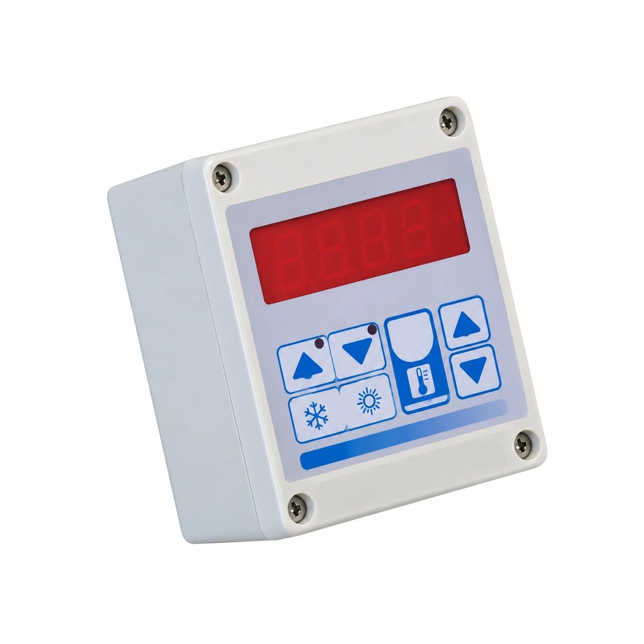 elektronski-precizni-termostat-ip55-sa-displejom-minus10-plus70c-02ac294 Na digitalnoj kontrolnoj tabli nalazi se crveni LED ekran i šest plavo-belih degustatora sa ikonama strelice, sijalice, pahulje i sunca, postavljena na belu kutiju sa četiri zavrtnja u uglovima.