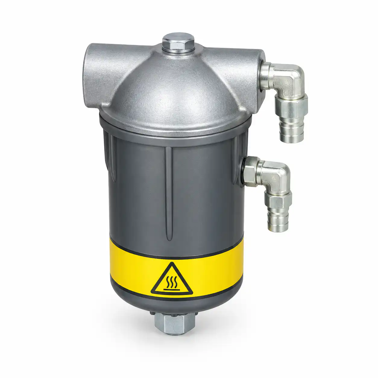 filter-dizel-goriva-sa-predgrevanjem-02ac818 Industrijski metalni filter ili separator sa dvema bočnim priključcima, žutom nalepnicom sa simbolom upozorenja na toplotu i sivim kućištem, fotografisan na beloj pozadini.