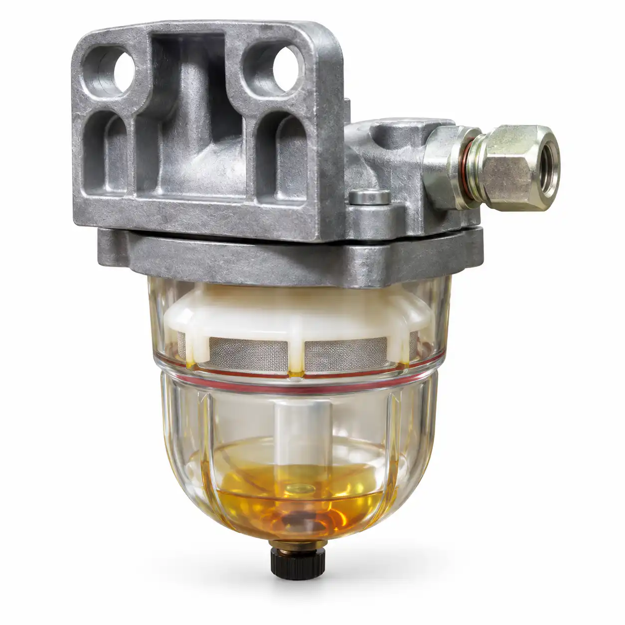 filter-separator-vode-za-gorivo-02ac801 Industrijski filter goriva u krupnom planu, providna posuda sa ćilibarnom tehnikom, metalno kućište i priključak za montažu.