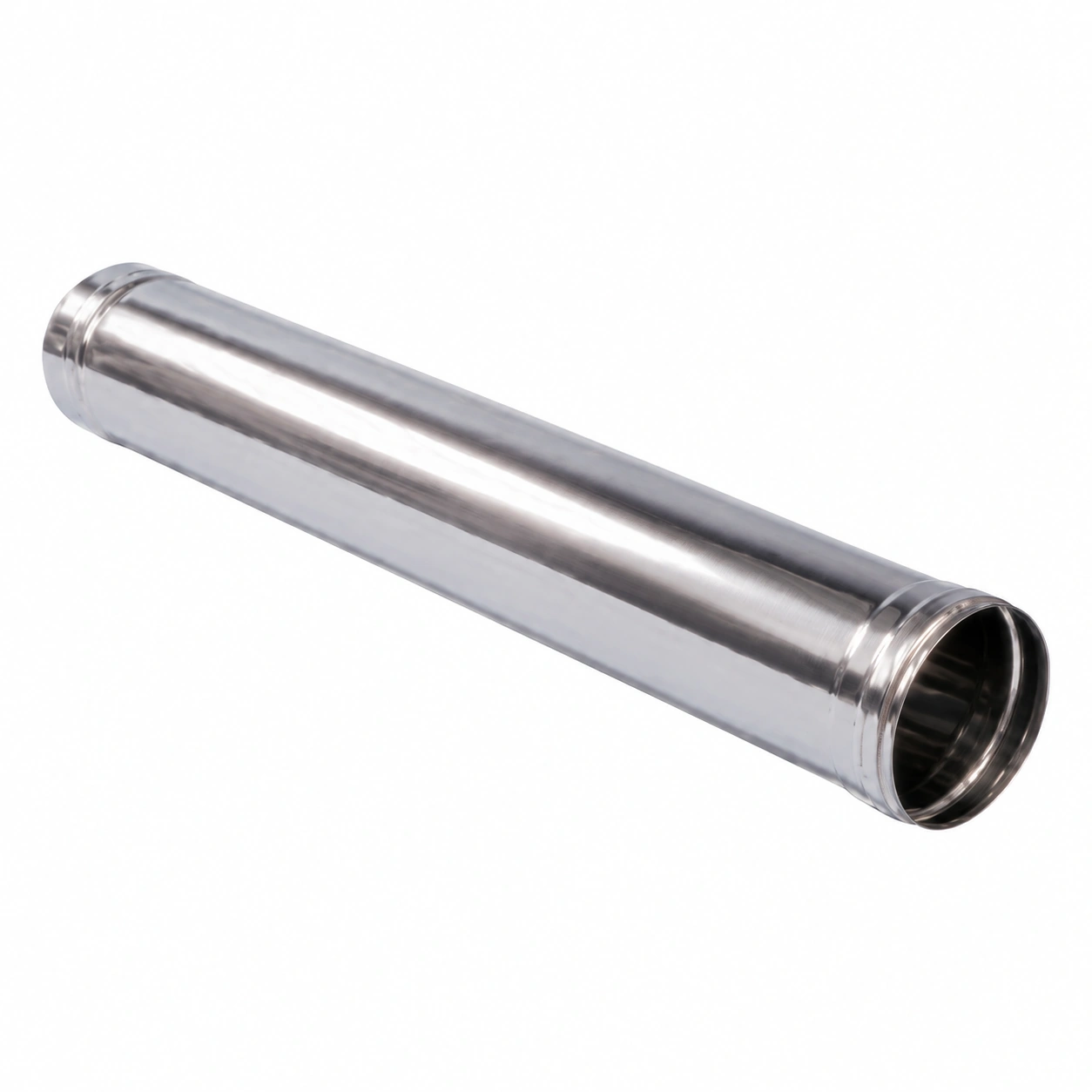 inox-dimovodna-cev-1m-120mm-02ac420 Sjajan cilindrični cev od nerđajućeg čelika sa glatkom, reflektujućom površinom i otvorima na krajevima, na beloj pozadini.