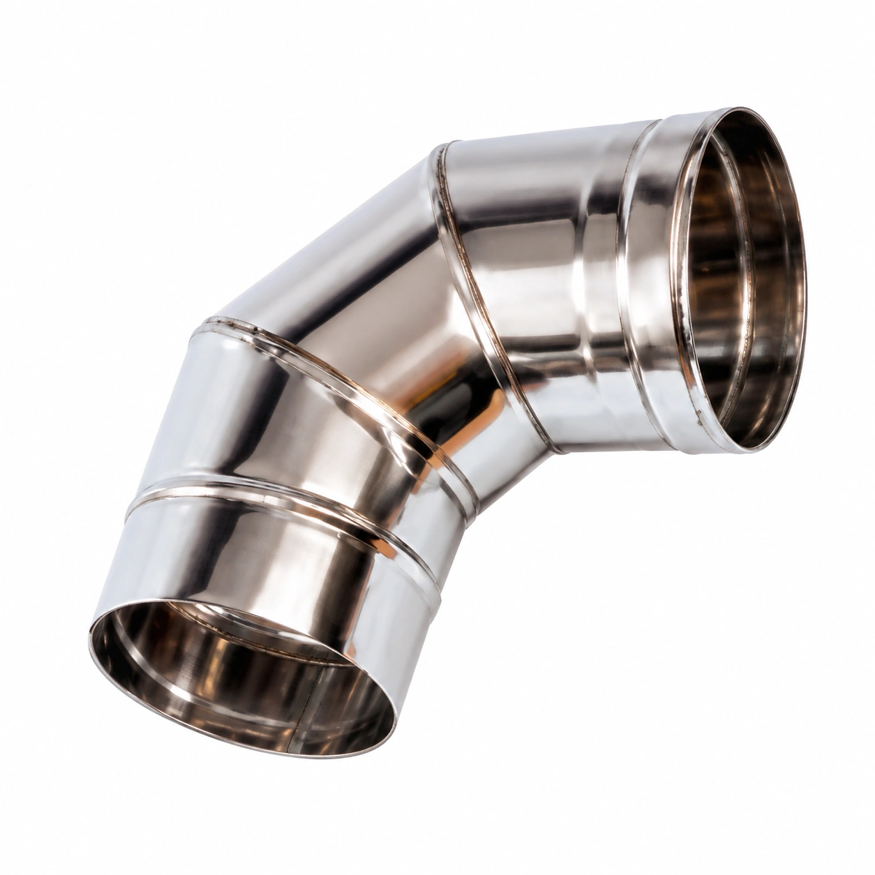 inox-dimovodno-koleno-90-stepeni-120mm-02ac421 Svetlucavi metalni lakat za ventilaciju ili cevi, sa savijenjem od 90 stepeni, izdvojen na beloj pozadini.