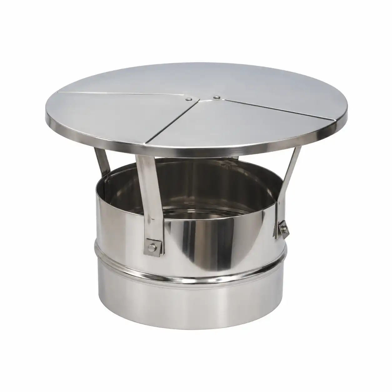 inox-zavrsetak-dimnjaka-150mm-02ac657 Na beloj podlozi nalazi se poklopac za dimnjak od nerđajućeg čelika, okruglog vrha i tri nosača za podršku.