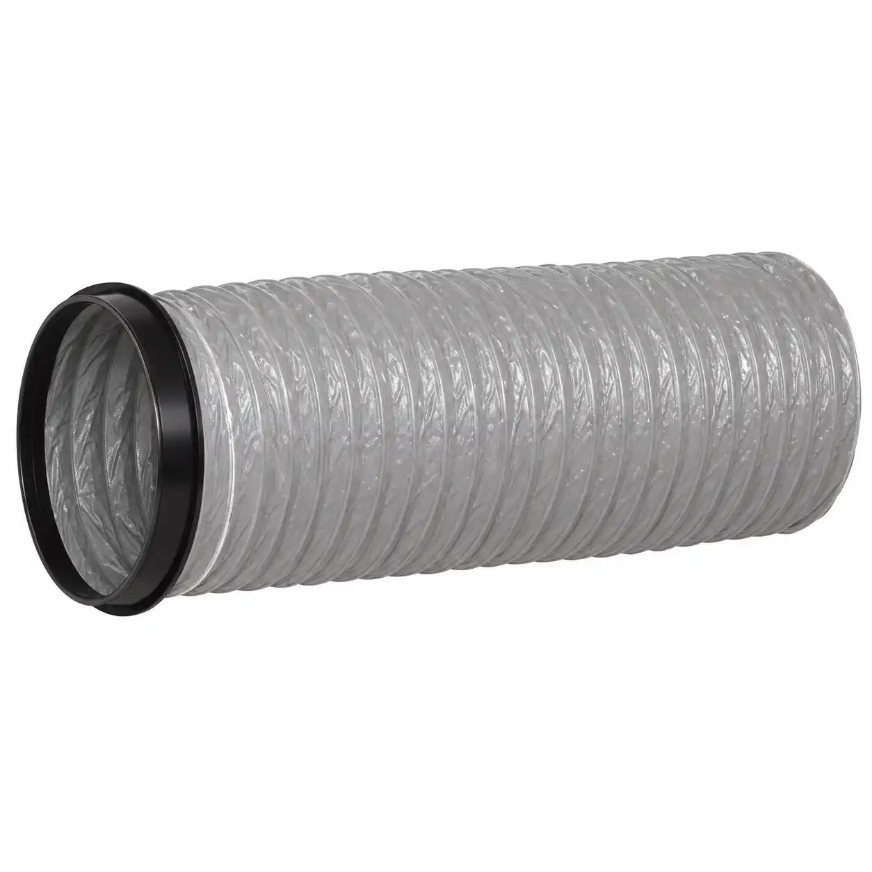 inox-zavrsetak-dimnjaka-200mm-02ac658 Fleksibilno, rebrasto crno-sivo plastično crevo sa jednim crnim prstenom na svakom kraju prikazano je na beloj podlozi.