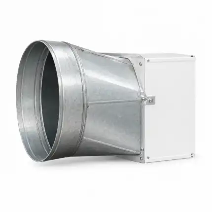 Metalni deo za prelaz HVAC kanala spojen je sa belom pravougaonom kutijom i fotografisan na beloj pozadini, izolovan.