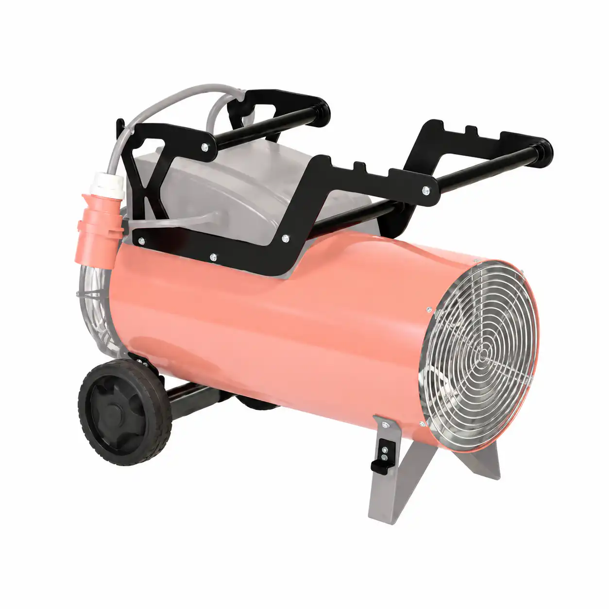 kolica-za-arcotherm-ek-10-ek-15-06ac126 Veliki industrijski ventilator roze boje sa crnim ručkama, metalnom rešetkom napred, dve tačke pozadi i kablom za napajanje stoji na beloj podlozi.