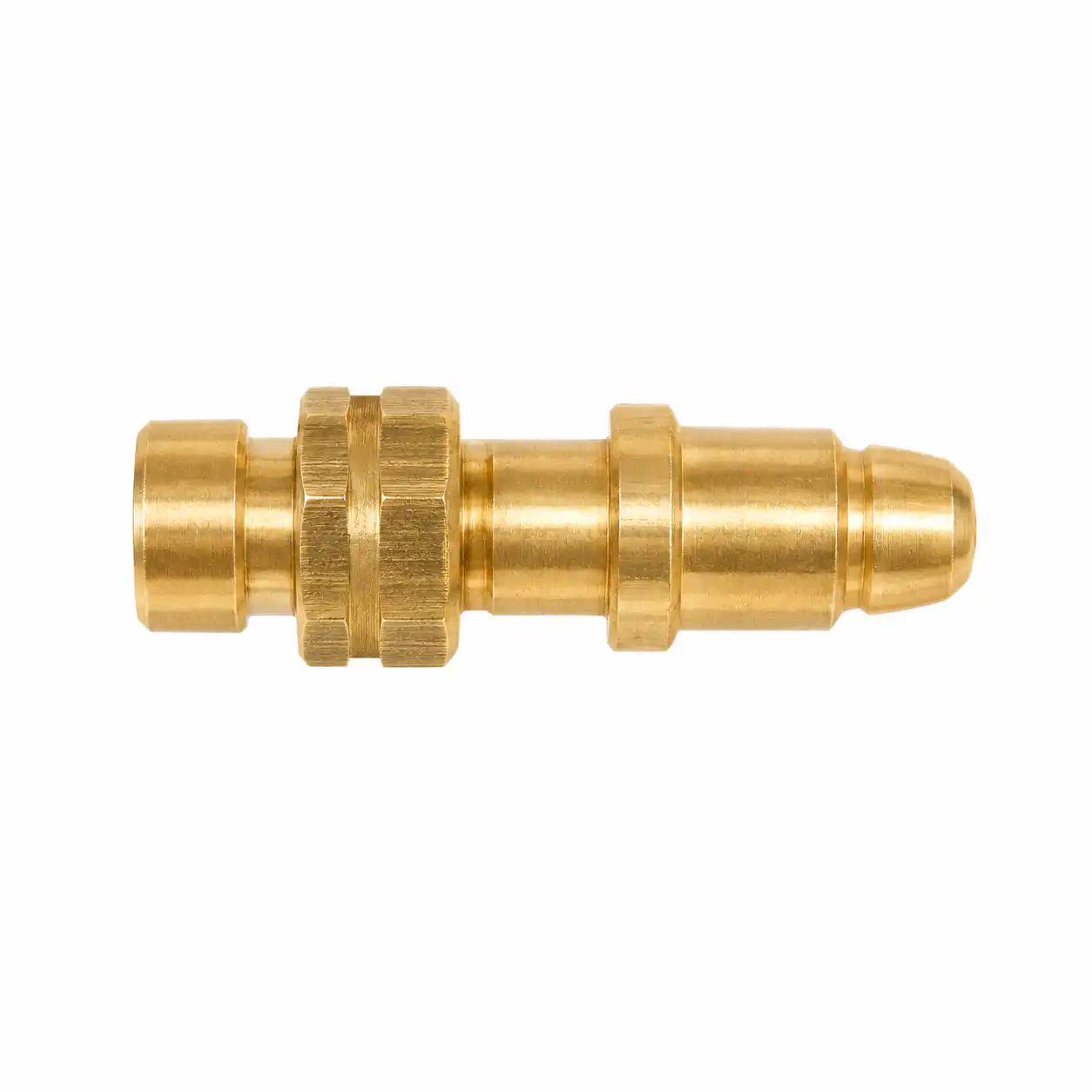 lpg-adapter-za-regulator-gb-fi-is-03ac507 Mesingani nastavak za crevo sa izbočenim krajevima i šrafnim imbus središtem, prikazan samostalno na beloj podlozi.