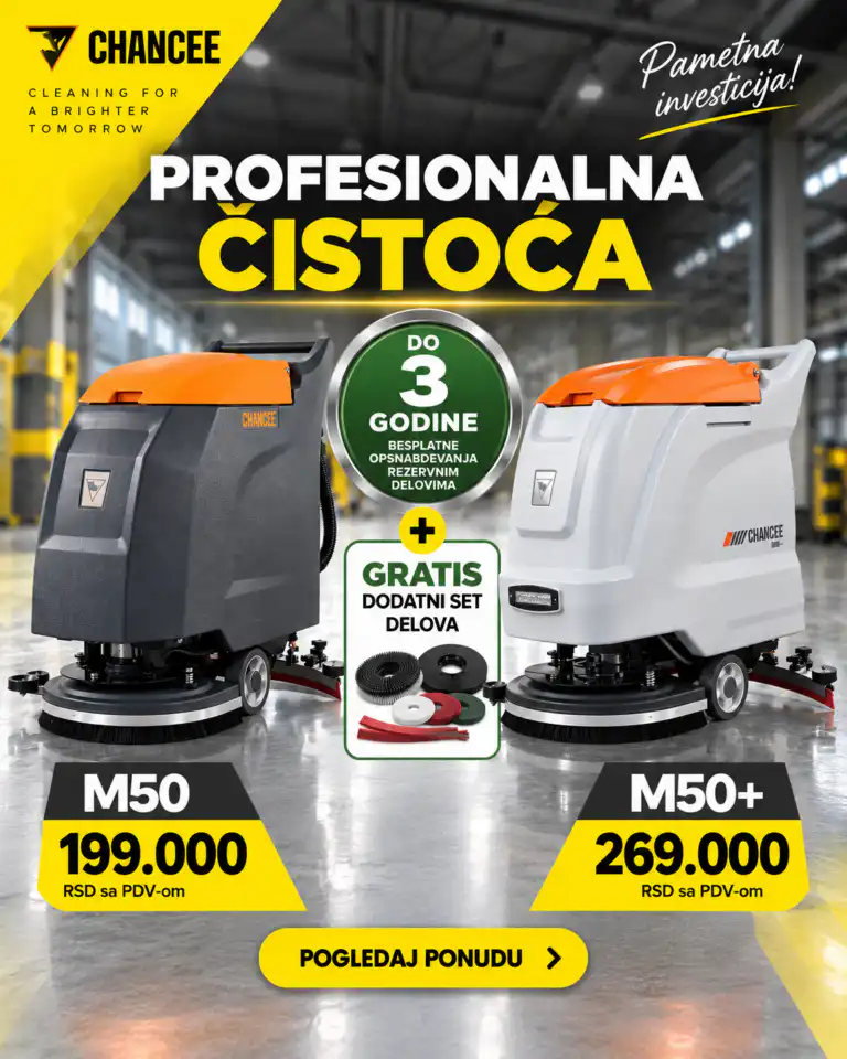 Na promotivnom oglasu na srpskom su prikazana dva žuta i siva mašinska čistača podova, modeli M50 i M50+, uz istaknut profesionalni kvalitet čišćenja, trogodišnji servis i cene.