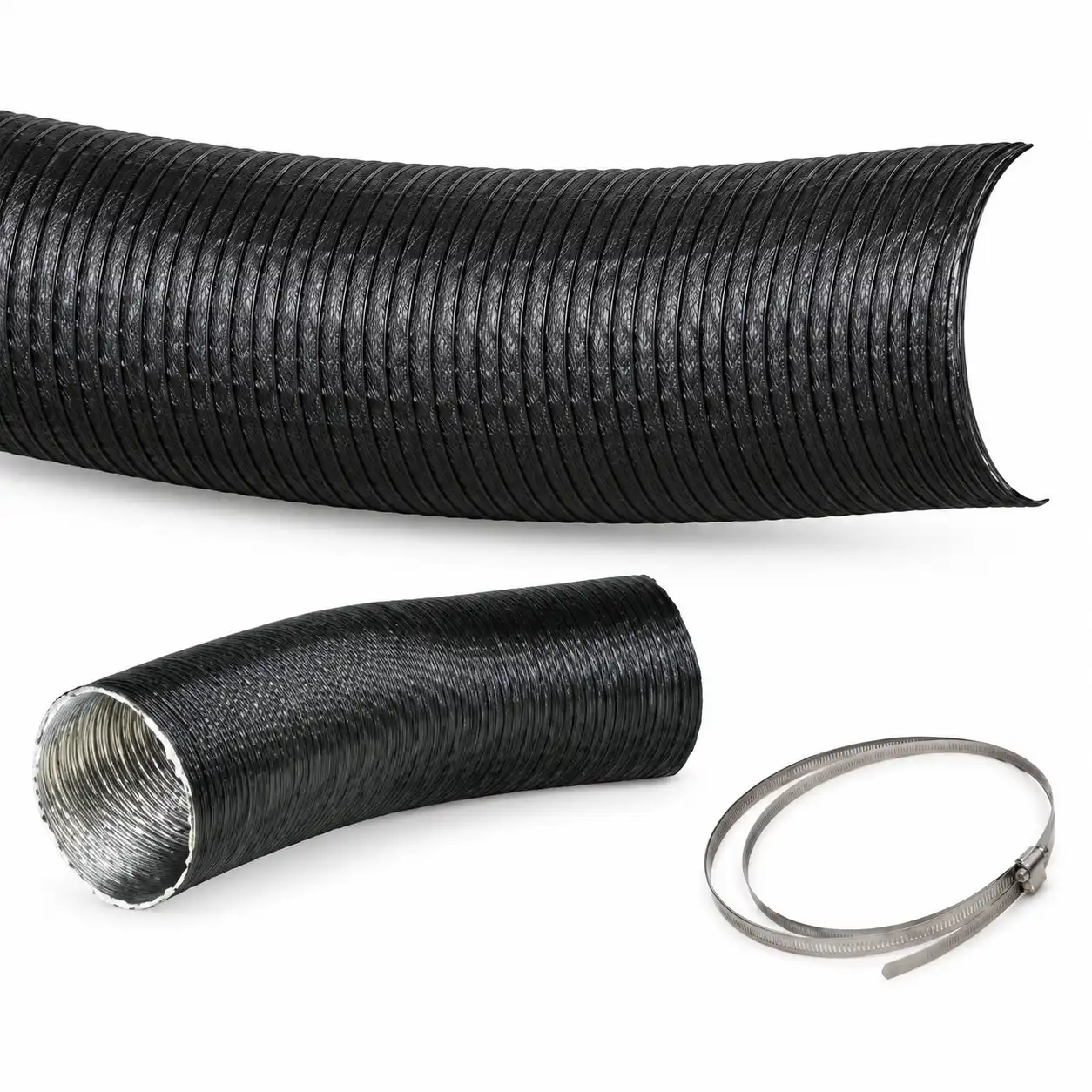 ojacano-fleksibilno-crevo-za-povrat-vazduha-6m-570mm-02ac796 Na beloj podlozi se nalaze savitljivo crno rebrasto crevo, kraći isečak sa metalnom unutrašnjošću i metalna šelna.