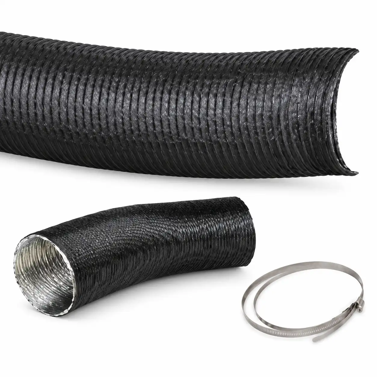 ojacano-fleksibilno-crevo-za-povrat-vazduha-6m-720mm-02ac798 Na beloj podlozi su prikazani crno fleksibilno crevo, savijeni deo iste pukotine i metalna šelna za pričvršćivanje.