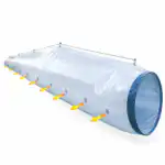 Velika providna plastična ventilacija cev sa plavim obodom i žutim strelicama koje prikazuju protok vazduha kroz otvore duž stranice.