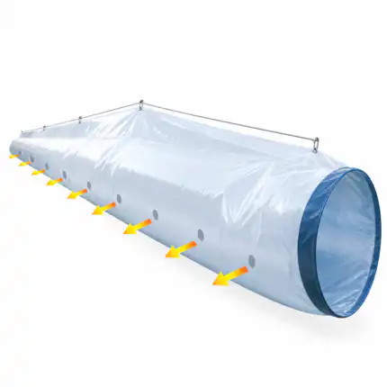 Velika providna plastična ventilacija cev sa plavim obodom i žutim strelicama koje prikazuju protok vazduha kroz otvore duž stranice.