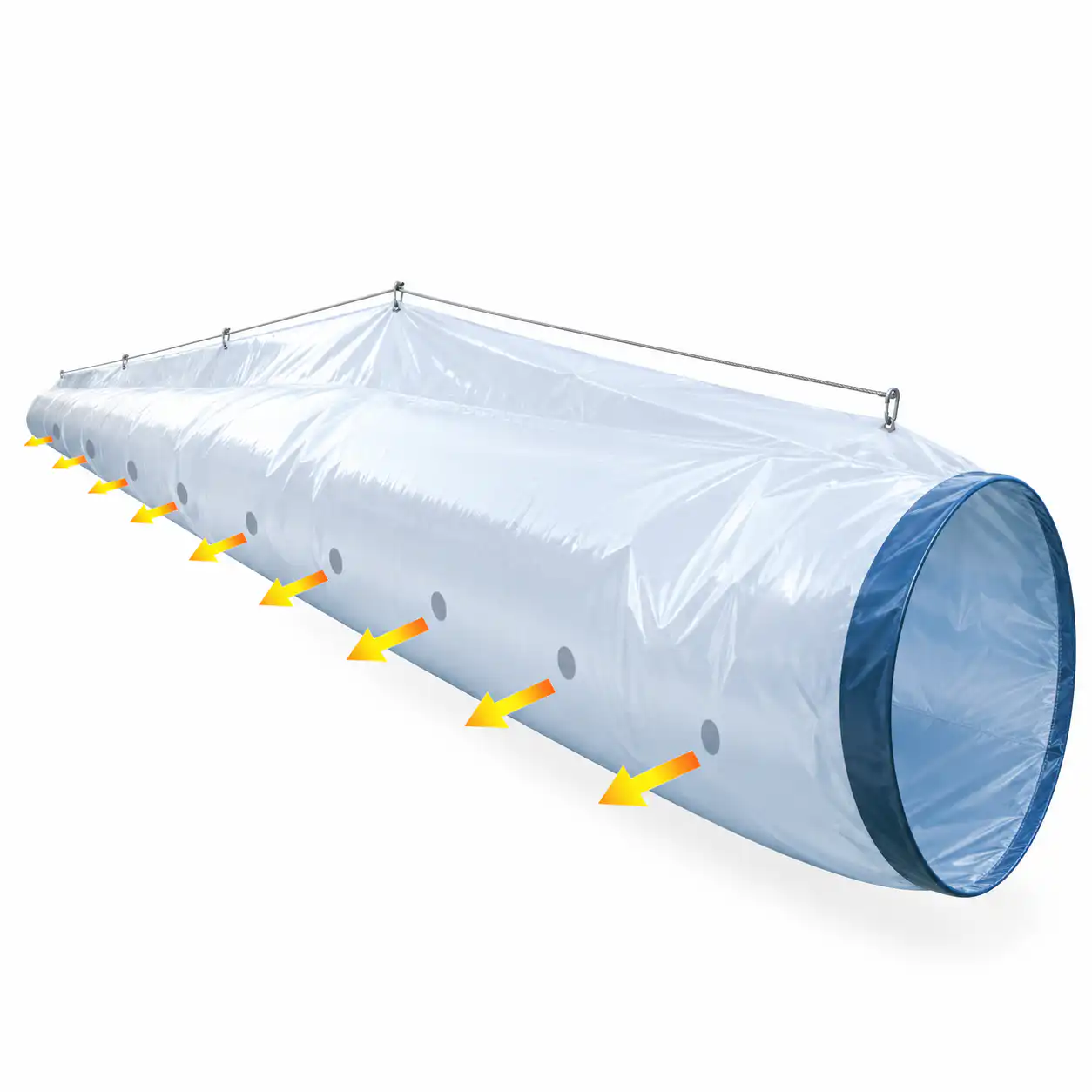 perforirano-crevo-za-topli-vazduh-farm-110-25m-400mm-2-smerno-02ac774 Velika providna plastična ventilacija cev sa plavim obodom i žutim strelicama koje prikazuju protok vazduha kroz otvore duž stranice.