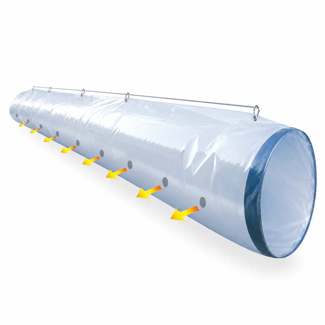 perforirano-crevo-za-topli-vazduh-farm-85-100m-500mm-1-smerno-02ac768 Prozirna ventilacija cev okačena kablovima, sa žutim strelicama koje iz otvora prikazuju protok vazduha kroz cevi.