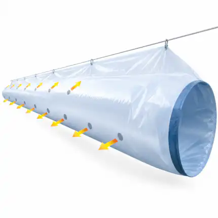 Prozirni plastični ventilacijski kanal visi sa žice. Žute strelice označavaju zrak koji ulazi kroz širi kraj i izlazi kroz otvore duž cijevi.