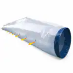 Dugačka providna plastična ventilacija sa plavim obodom na otvoru i žutim strelicama koje prikazuju protok vazduha kroz male bočne rupe duž cele cevi.