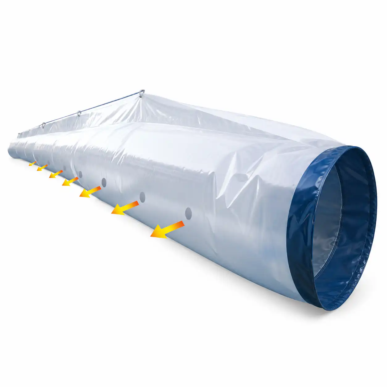 perforirano-pvc-crevo-za-distribuciju-toplog-vazduha-100m-700mm-1-smer-02ac783 Dugačka providna plastična ventilacija sa plavim obodom na otvoru i žutim strelicama koje prikazuju protok vazduha kroz male bočne rupe duž cele cevi.