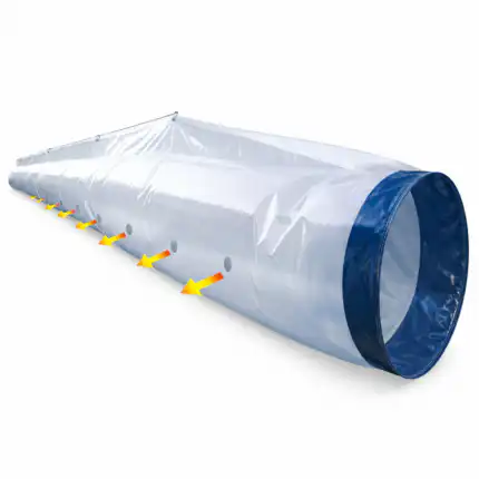 Dugačka providna plastična ventilacija cev sa plavim obodom na jednom kraju, žute strelice pokazuju smer vazduha, više okruglih otvora sa strane.