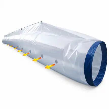 Veliki providni plastični ventilacioni kanal sa plavim obodom i nizom malih otvora, kroz koje žute strelice pokazuju protok vazduha.