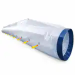 Velika providna plastična ventilacija cev sa plavim obodom i malim rupama. Žute strelice pokazuju strujanje vazduha kroz rupe unutra cev.