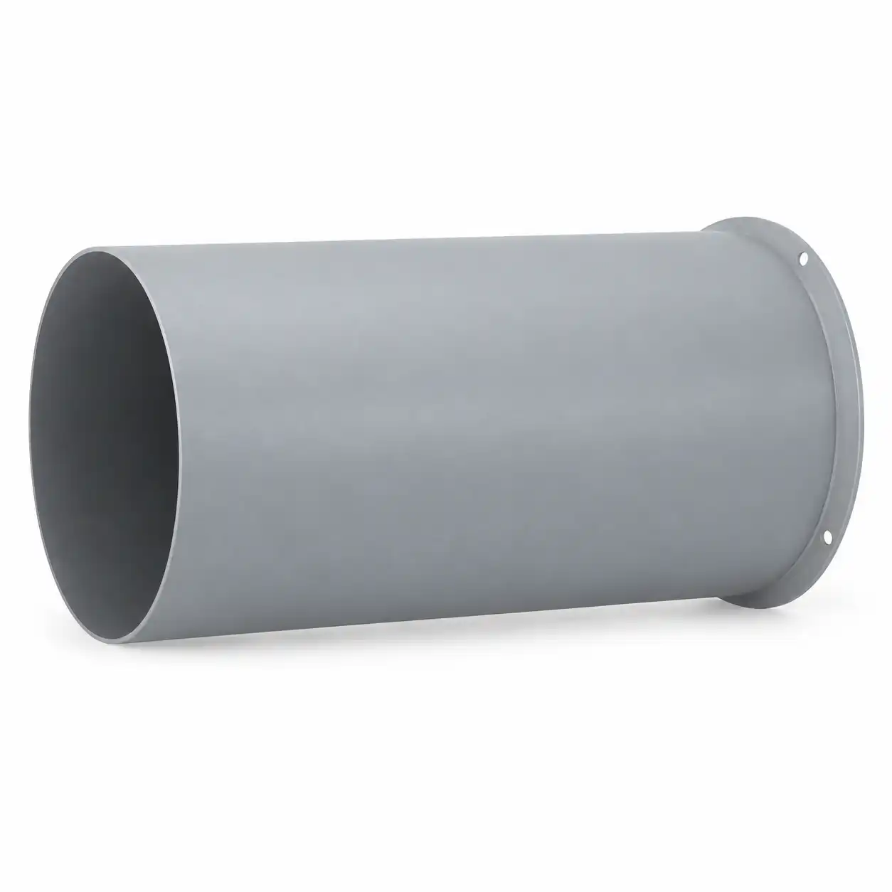 produzetak-za-smanjenje-temperature-vazduha-705mm-02ac812 Metalni kanal cilindričnog oblika, koji završava prirubnicom s tri vidljiva otvora za vijke, postavljen na običnoj bijeloj pozadini.
