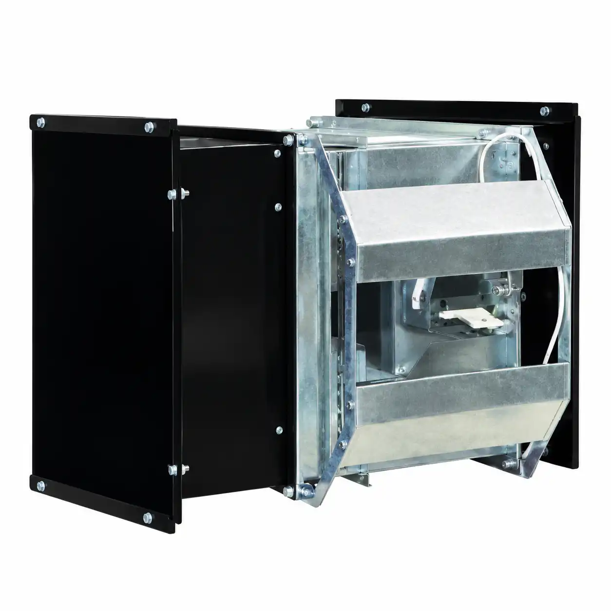 protivpozarna-klapna-izlaz-vazduha-rei-120-arcotherm-titan-145-02ac878 Metalna industrijska ventilacijska zaklopka s elegantnim crnim bočnim pločama i izloženim ožičenjem, jasno postavljena na jednostavnu bijelu pozadinu.