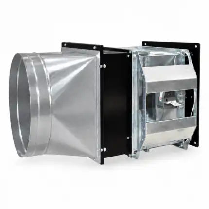 Metalni linijski ventilator s cilindričnim kanalom, pravokutnim kućištem i vidljivim lopaticama za upotrebu u HVAC ventilacijskim sistemima.