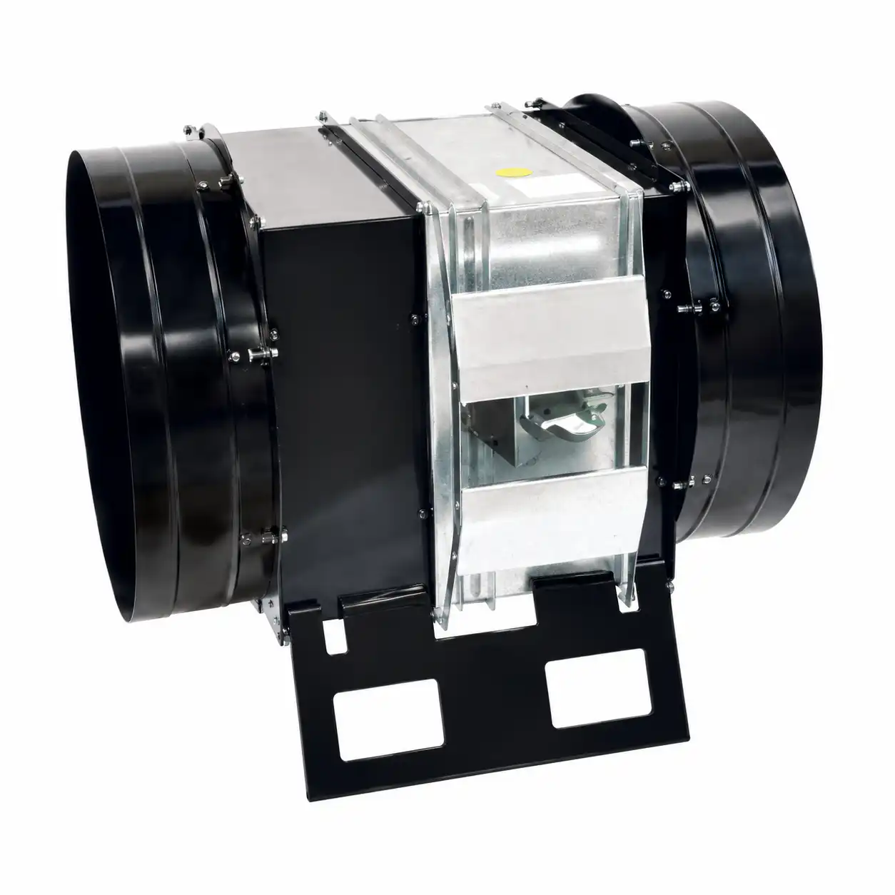 protivpozarna-klapna-za-ulaz-vazduha-rei-120-715-mm-02ac911-1.png Industrijski ventilator za kanale ili ventilacijska jedinica u crnoj i srebrnoj boji, s cilindričnim krajevima i metalnim nosačem na bijeloj pozadini.