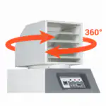 Detaljan prikaz belog ventilacionog sistema sa narandžastim strelicama koje pokazuju rotaciju od 360 stepeni i ističu funkciju podešavanja smera vazduha.