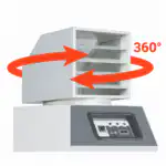 Bela industrijska mašina sa podesivim ventilima i kontrolnim panelom, crvena strelica 360° prikazuje potpunu rotaciju ventila.