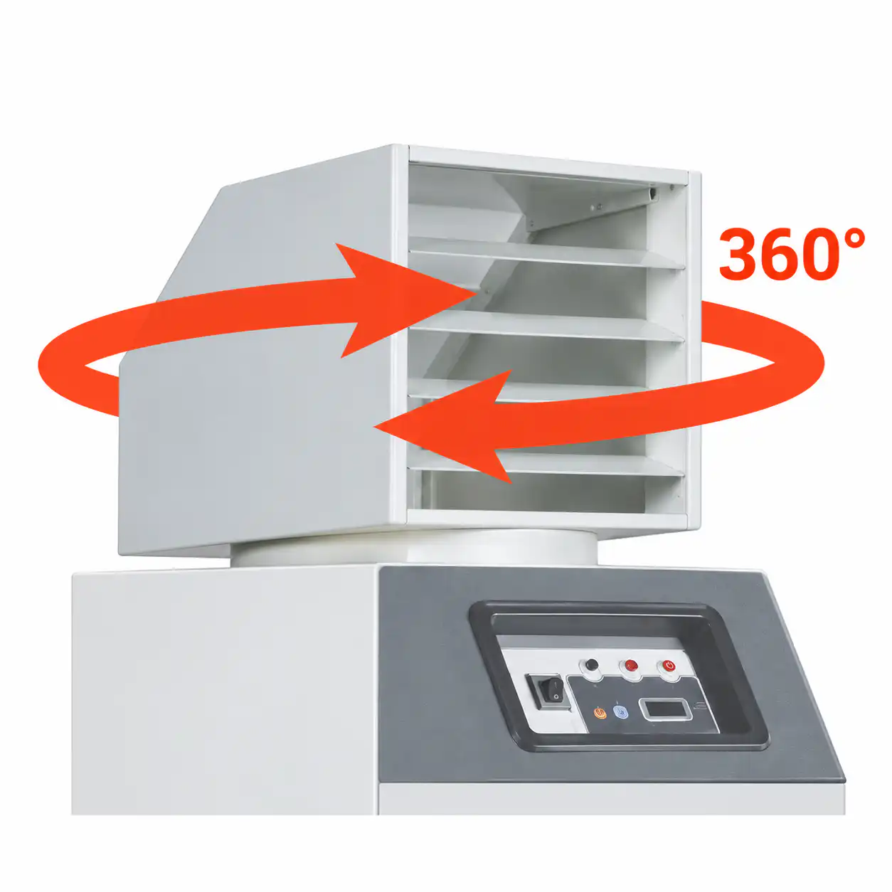 rotirajuca-izlazna-glava-360-stepeni-sa-podesivim-lamelama-confort-70-04ac105 Bela industrijska mašina sa podesivim ventilima i kontrolnim panelom, crvena strelica 360° prikazuje potpunu rotaciju ventila.