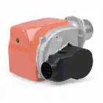 Kompaktan industrijski ventilator ili motor sa narandžastim metalnim kućištem i crnim plastičnim usisnikom na beloj pozadini.