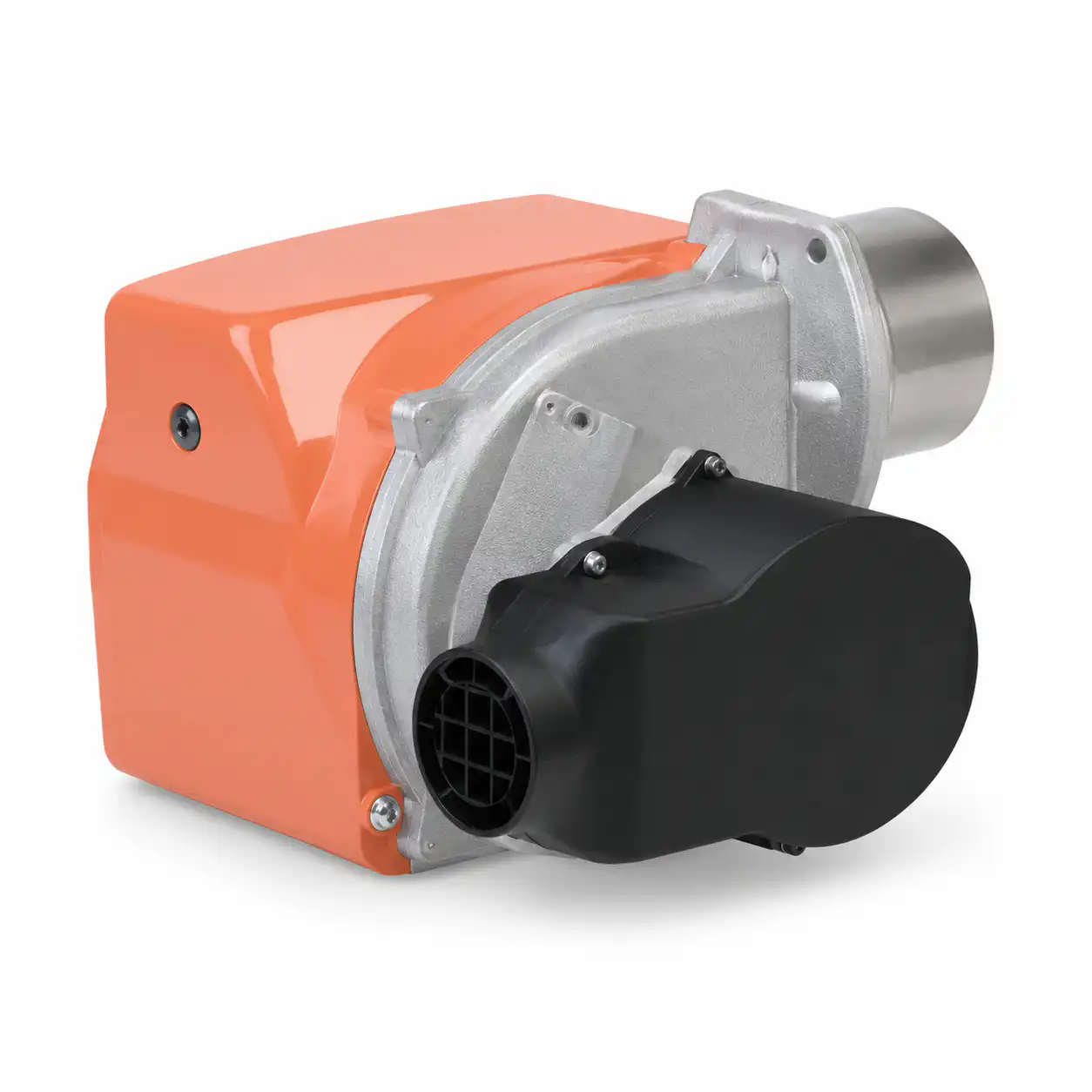 snorkel-set-za-ecoflam-gorionik-80-100mm-02ac602 Industrijska narandžasta i srebrna mašina sa crnim poklopcem sa otvorima, verovatno motor ili duvač, prikazana je na beloj podlozi.